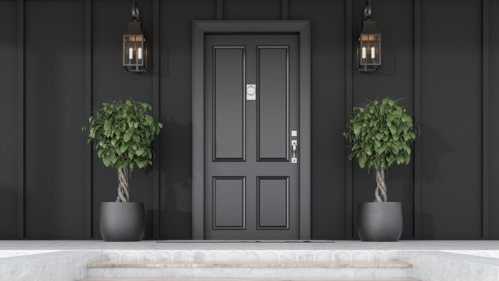 Stylish black front door of modern house with black walls, door mat, trees in pots, stairs and lamps. 3d rendering